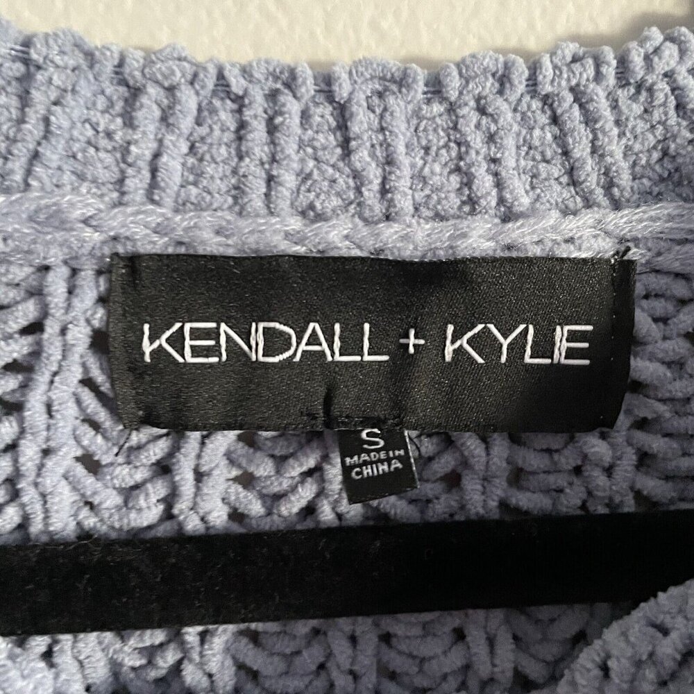 Kendall + Kylie Women S Blue Chenille Basketweave Knit Pullover Cropped Sweater - Picture 6 of 8